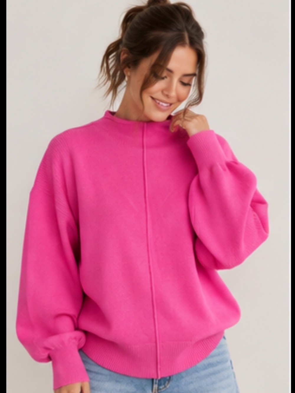 Women's Hot Pink Cowl-Neck Balloon Sleeve Sweater